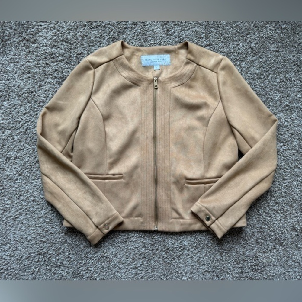 MARC NEW YORK ANDREW MARC FAUX SUEDE KHAKI ZIPUP MOTO JACKET GOLD HARDWARE sz L